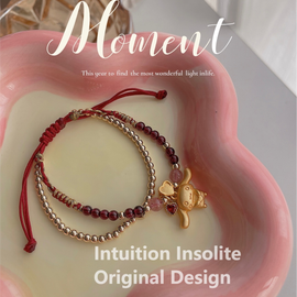 Hello Kitty or Cinnamon Dog Red String Series: Gold-Plated Kitty & Garnet Strawberry Quartz Bracelet
