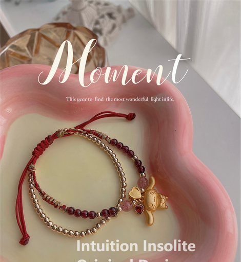Hello Kitty or Cinnamon Dog Red String Series: Gold-Plated Kitty & Garnet Strawberry Quartz Bracelet