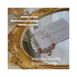 Premium Ice Clear White Quartz, Strawberry Quartz, and Gray Moonstone Crystal Designed Bracelet