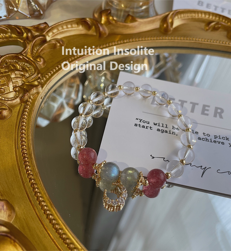 Premium Ice Clear White Quartz, Strawberry Quartz, and Gray Moonstone Crystal Designed Bracelet