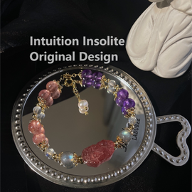 Fortune Guardian Bracelet with Strawberry Quartz, Amethyst, and Gray Moonstone