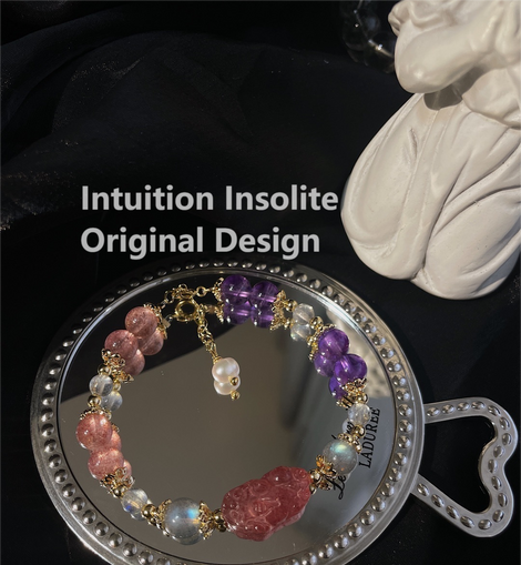 Fortune Guardian Bracelet with Strawberry Quartz, Amethyst, and Gray Moonstone