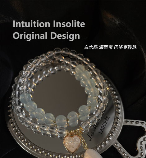 Blue Velvet Cream White Quartz, Aquamarine, and Pearl Crystal Designed Bracelet