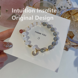 Serene Elegance Bracelet with Crackled Clear Quartz, Strawberry Quartz, and Grey Moonstone