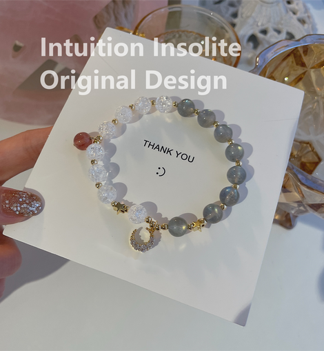Serene Elegance Bracelet with Crackled Clear Quartz, Strawberry Quartz, and Grey Moonstone