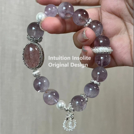 Purple Rabbit Hair Quartz, Strawberry Quartz, and Bead Bracelet