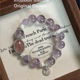 Purple Rabbit Hair Quartz, Strawberry Quartz, and Bead Bracelet