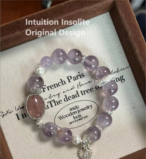Purple Rabbit Hair Quartz, Strawberry Quartz, and Bead Bracelet