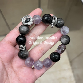 Golden Rutilated Quartz, Silver Shimmer Stone, Purple Rabbit Hair Agate, and Amethyst Crystal Bracelet
