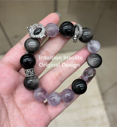 Golden Rutilated Quartz, Silver Shimmer Stone, Purple Rabbit Hair Agate, and Amethyst Crystal Bracelet