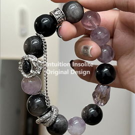 Golden Rutilated Quartz, Silver Shimmer Stone, Purple Rabbit Hair Agate, and Amethyst Crystal Bracelet
