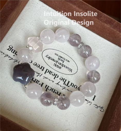 Rose Quartz, Purple Rabbit Hair Agate, and Agate Crystal Designed Bracelet
