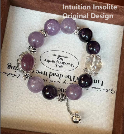 15mm Lavender Amethyst, 16mm White Quartz, and Fluorite Egg Crystal Bracelet