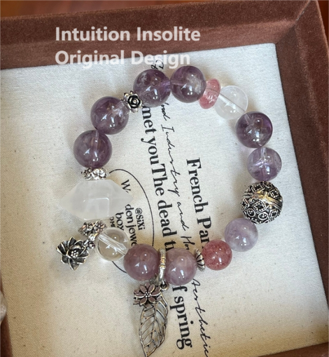 Purple Tower Quartz, Milky Quartz, Strawberry Quartz, and Rose Quartz Bracelet