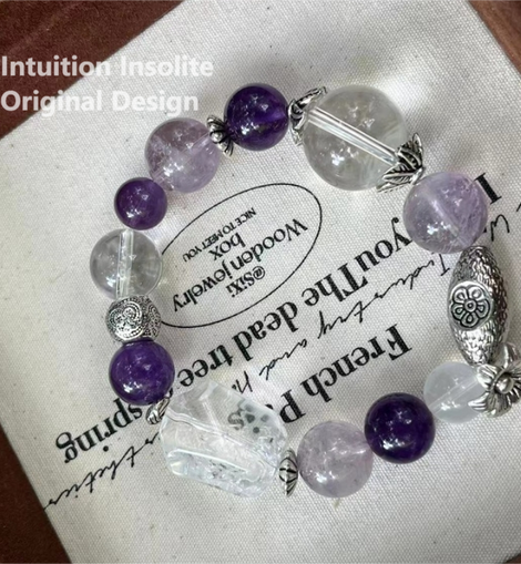 Purple and White Quartz with Floral Sphere Crystal Bracelet