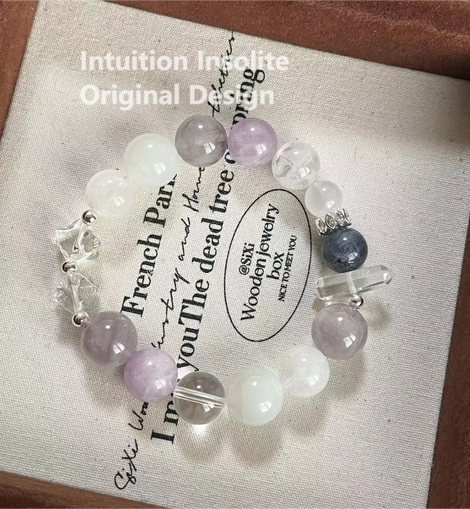 Gray Moonstone, White Quartz, and Lepidolite Crystal Designed Bracelet