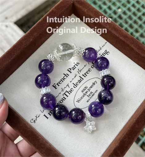 15mm Amethyst, White Quartz, and Star Crystal Sphere Bracelet