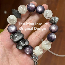 Bear 14mm Black Tourmaline Lepidolite Snowflake Phantom and 925 Sterling Silver Crystal Designed Bracelet