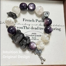 Bear 14mm Black Tourmaline Lepidolite Snowflake Phantom and 925 Sterling Silver Crystal Designed Bracelet