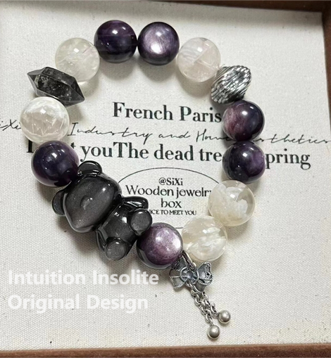 Bear 14mm Black Tourmaline Lepidolite Snowflake Phantom and 925 Sterling Silver Crystal Designed Bracelet