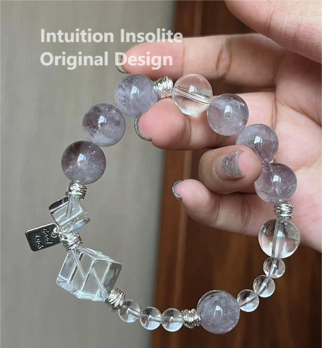 Purple Rabbit Hair Quartz and Clear Quartz Diamond Bracelet