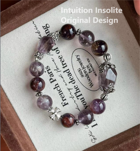 Purple Phantom Quartz and Amethyst Crystal Designed Bracelet