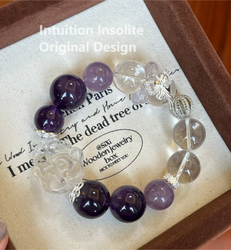16mm Amethyst and White Quartz Crystal Designed Bracelet