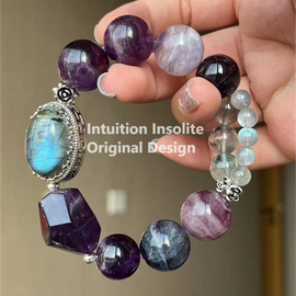 Fluorite, Amethyst, and Moonstone Crystal Designed Bracelet