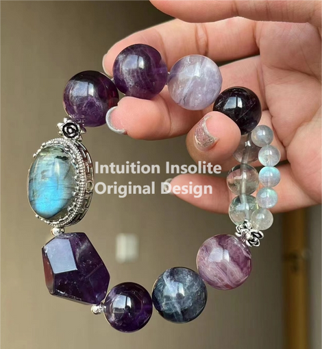 Fluorite, Amethyst, and Moonstone Crystal Designed Bracelet