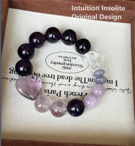 14mm Uruguay Amethyst, Lepidolite, White Quartz, and Heart-Shaped Crystal Designed Bracelet