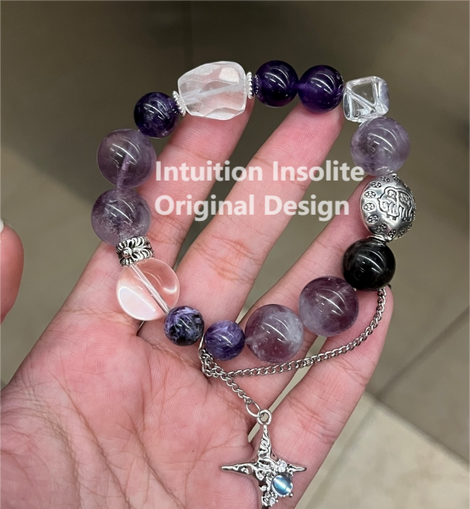 Purple Rabbit Hair Quartz, Purple Dragon Quartz, Clear Quartz, and Starry Quartz Bracelet