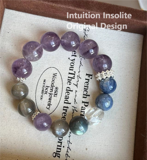 15mm Lavender Amethyst, Lapis Lazuli, Backbone (Bone), Gray Moonstone, and White Quartz Crystal Bracelet