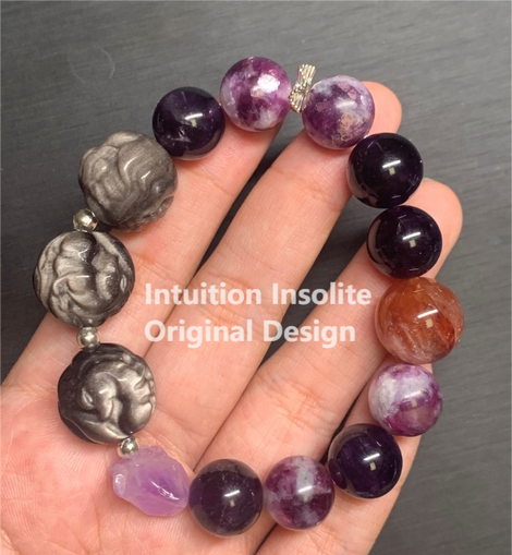 Silver Shimmer Stone, Purple Amethyst, and Resin Flower Crystal Bracelet