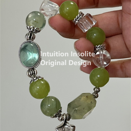 Fluorite Cabochon, 13mm Xiuyan Jade, Green Garnet (Tsavorite), and White Aventurine Crystal Bracelet