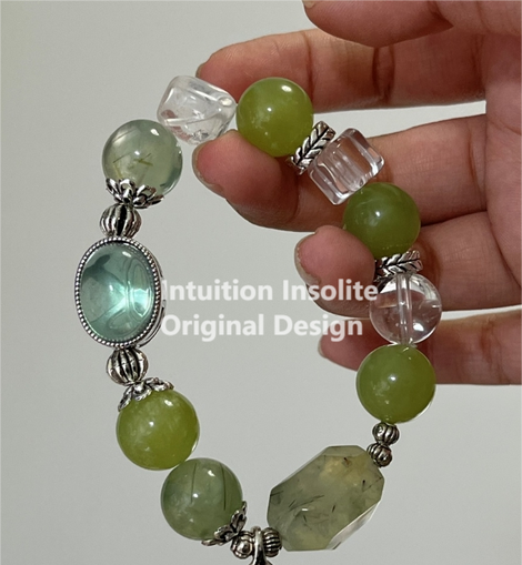 Fluorite Cabochon, 13mm Xiuyan Jade, Green Garnet (Tsavorite), and White Aventurine Crystal Bracelet