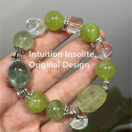 Fluorite Cabochon, 13mm Xiuyan Jade, Green Garnet (Tsavorite), and White Aventurine Crystal Bracelet
