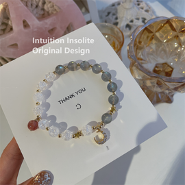 Serene Elegance Bracelet with Crackled Clear Quartz, Strawberry Quartz, and Grey Moonstone