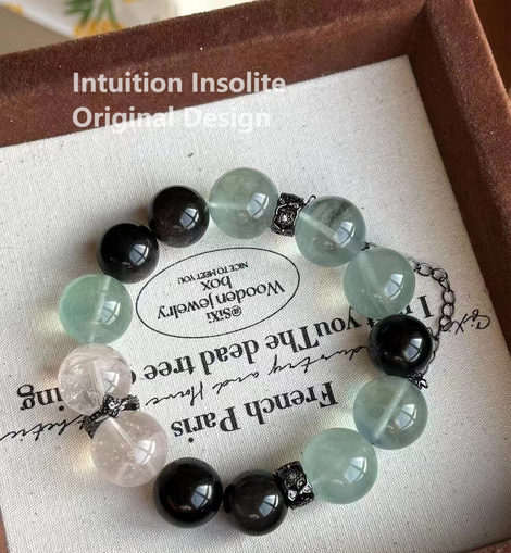 16mm Green Fluorite, Snowflake Obsidian, and Silver Sheen Obsidian Crystal Designed Bracelet