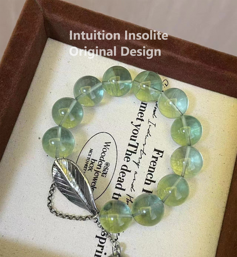 16mm Green Fluorite and Sterling Silver Leaf Design Crystal Designed Bracelet