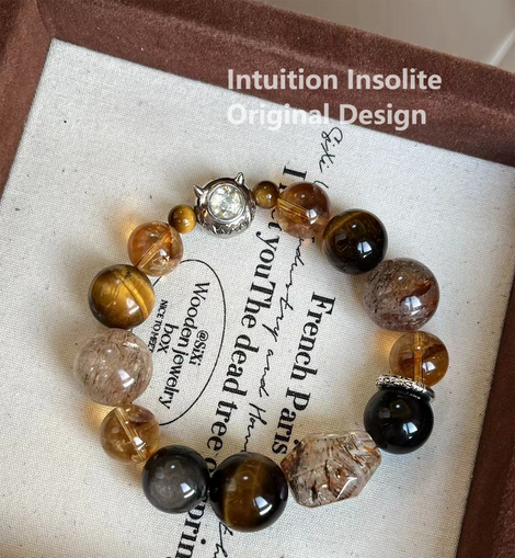 14-16mm Yellow Tiger's Eye, 16mm Black Gold Obsidian, and Silver Shine Yellow Quartz Crystal Bracelet