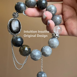 Island Blue Rabbit Fur and Obsidian Cabochon Crystal Designed Bracelet