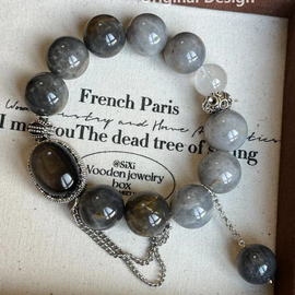 Island Blue Rabbit Fur and Obsidian Cabochon Crystal Designed Bracelet