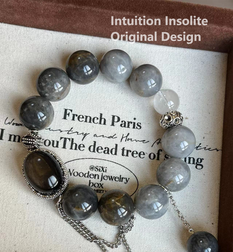 Island Blue Rabbit Fur and Obsidian Cabochon Crystal Designed Bracelet