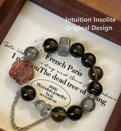 14mm Smoky Quartz Resin Flower Black Rutile Cube Mica White and Rose Crystal Design Bracelet