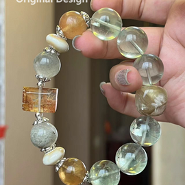 Green Fluorite, Yellow Fluorite, Golden Mica, and Green Ghost Quartz Crystal Designed Bracelet