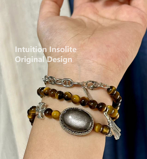 Yellow Tiger's Eye and Silver Sheen Obsidian Crystal Designed Bracelet