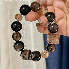 16mm Silver Sheen Black Gold Obsidian Snake Crystal Design Bracelet