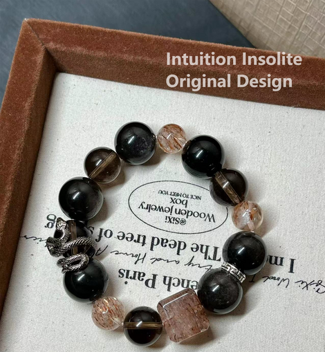 16mm Silver Sheen Black Gold Obsidian Snake Crystal Design Bracelet