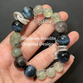 Green Garnet (Tsavorite), Blue Tiger Eye, and Silver Sheen Obsidian Crystal Designed Bracelet