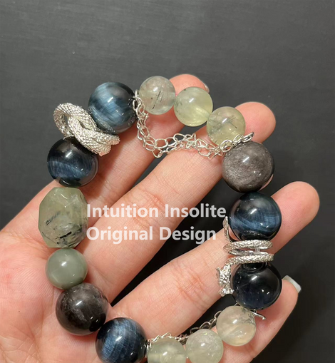 Green Garnet (Tsavorite), Blue Tiger Eye, and Silver Sheen Obsidian Crystal Designed Bracelet
